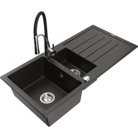 Mexen Andres chiuvetă de granit cu 1,5 cuve, cu scurgător și robinet de bucătărie Aster, negru/auriu metalic
