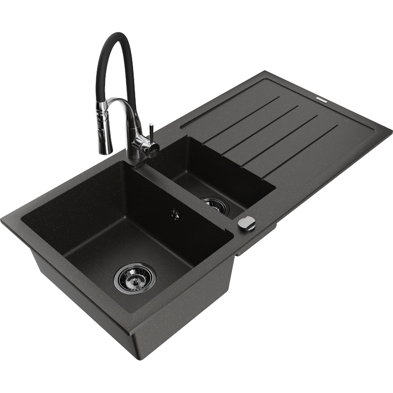 Mexen Andres chiuvetă de granit cu 1,5 camere cu scurgător și baterie de bucătărie Aster, negru/auriu metalic