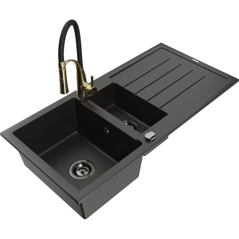 Chiuvetă granit Mexen Andres cu 1,5 cuve, picurător și baterie Aster, negru/auriu metalic - 6515-75-73450-57-B