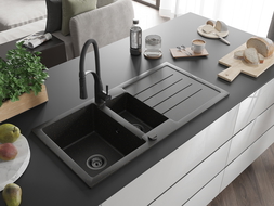 Mexen Andres chiuvetă granit 1,5 cameră cu scurgător și baterie de bucătărie Aster, negru/auriu metalizat - 6515-75-73450-70-B