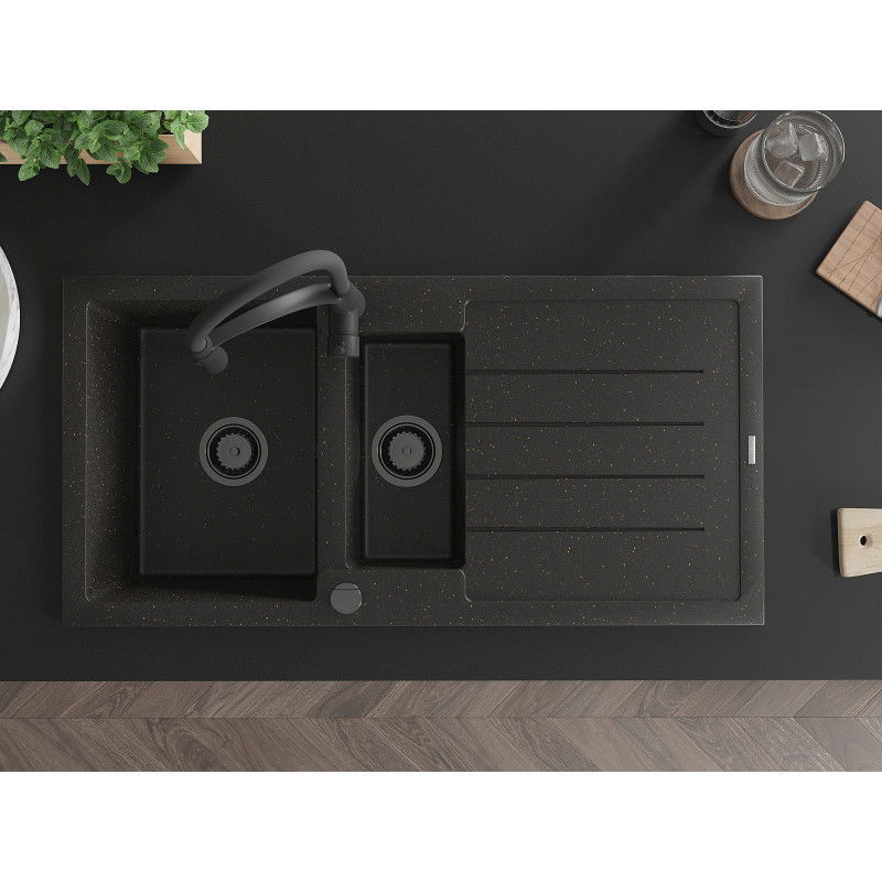 Mexen Andres chiuvetă de granit cu 1,5 compartimente cu scurgător și baterie de bucătărie Aster, negru/auriu metalic