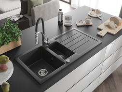 Mexen Andres chiuvetă granit 1,5 compartiment cu scurgător și baterie de bucătărie Aster, negru pătat - 6515-76-73450-07