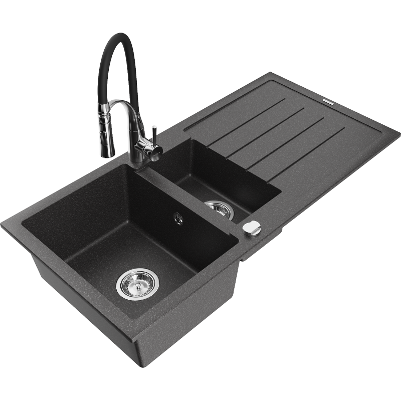 Mexen Andres chiuvetă din granit cu 1,5 compartimente și scurgător și baterie de bucătărie Aster, negru patat