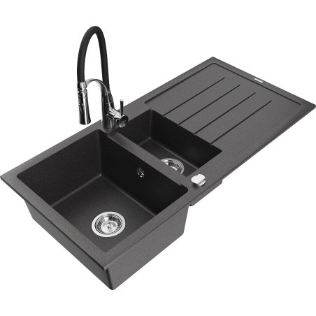 Mexen Andres 1,5-medencés gránit mosogató lefolyóval és Aster konyhai csappal, fekete pöttyös - 6515-76-73450-07