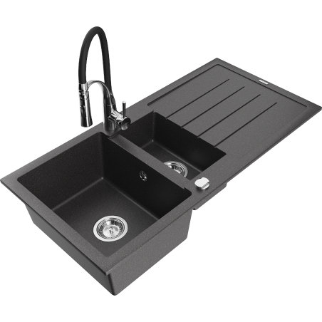 Mexen Andres chiuvetă din granit cu 1,5 compartimente și scurgător și baterie de bucătărie Aster, negru patat