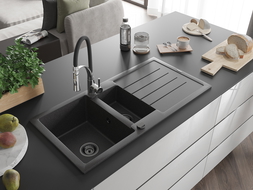 Mexen Andres chiuvetă granit 1,5 camere cu picurător și baterie de bucătărie Aster, negru stropit - 6515-76-73450-07-B