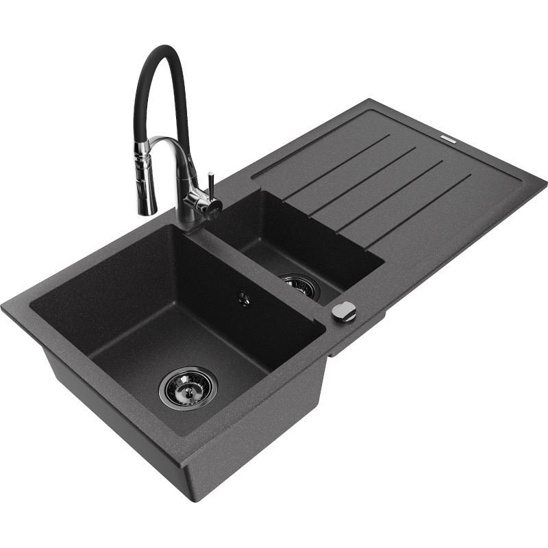 Mexen Andres chiuvetă granit 1,5 camere cu picurător și baterie de bucătărie Aster, negru stropit - 6515-76-73450-07-B
