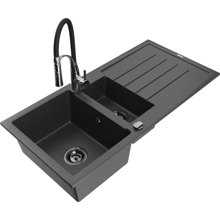 Mexen Andres chiuvetă granit 1,5 camere cu picurător și baterie de bucătărie Aster, negru stropit - 6515-76-73450-07-B
