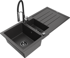 Mexen Andres gránit mosogató 1,5 rekeszes, csepegtetővel és Aster konyhai csapteleppel, fekete pöttyös - 6515-76-73450-07-B