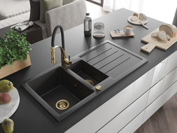 Mexen Andres chiuvetă din granit 1,5 camere cu picurător și baterie bucătărie Aster, negru cu pete - 6515-76-73450-57-G