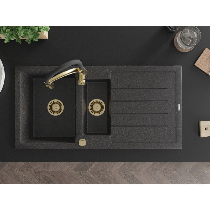 Mexen Andres 1,5 rekeszes gránit mosogató csepptálcával és Aster konyhai csapteleppel, fekete színben - 6515-76-73450-57-G