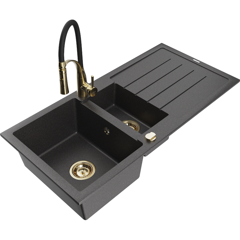 Mexen Andres chiuvetă de bucătărie din granit cu 1,5 compartimente, cu scurgător și baterie de bucătărie Aster, negru cu