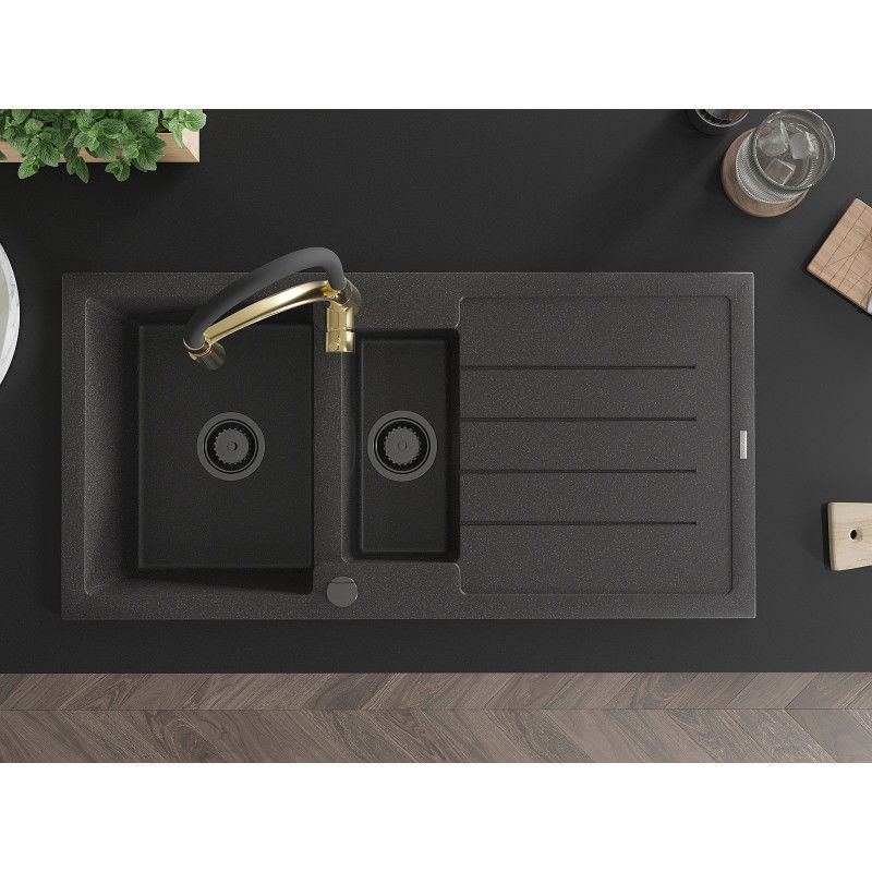 Mexen Andres chiuvetă de granit cu 1,5 cuve și scurgător și baterie de bucătărie Aster, negru cu stropi