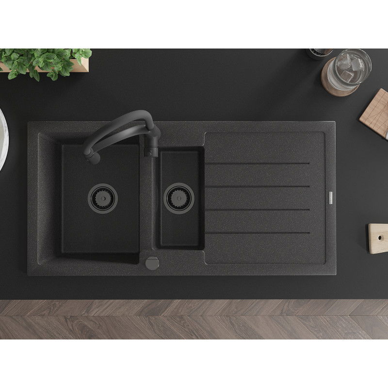 Mexen Andres 1,5-rekeszes gránit mosogató csepegtetővel és Aster konyhai csapteleppel, fekete pettyes - 6515-76-73450-70-B
