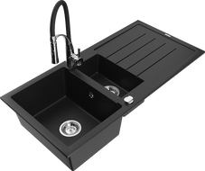 Mexen Andres gránit mosogató 1,5 medencével, csepegtető tálcával és Aster konyhai csapteleppel, fekete - 6515-77-73450-07