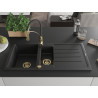 Mexen Andres chiuvetă din granit cu 1,5 cuve, cu scurgător și robinet de bucătărie Aster, negru - 6515-77-73450-57-G