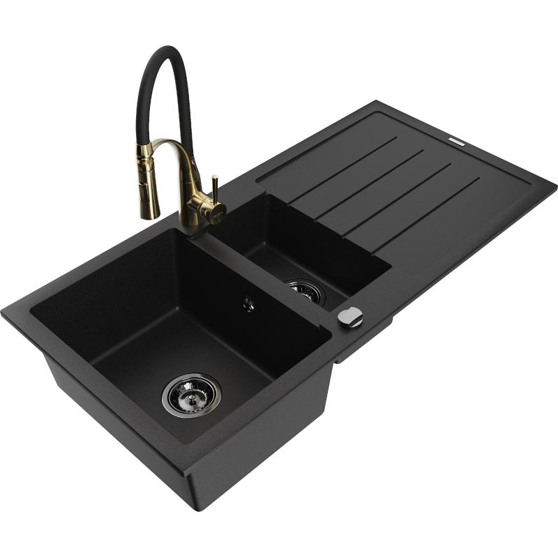 Mexen Andres chiuvetă din granit cu 1,5 cuve cu picurător și baterie de bucătărie Aster, neagră - 6515-77-73450-57-B