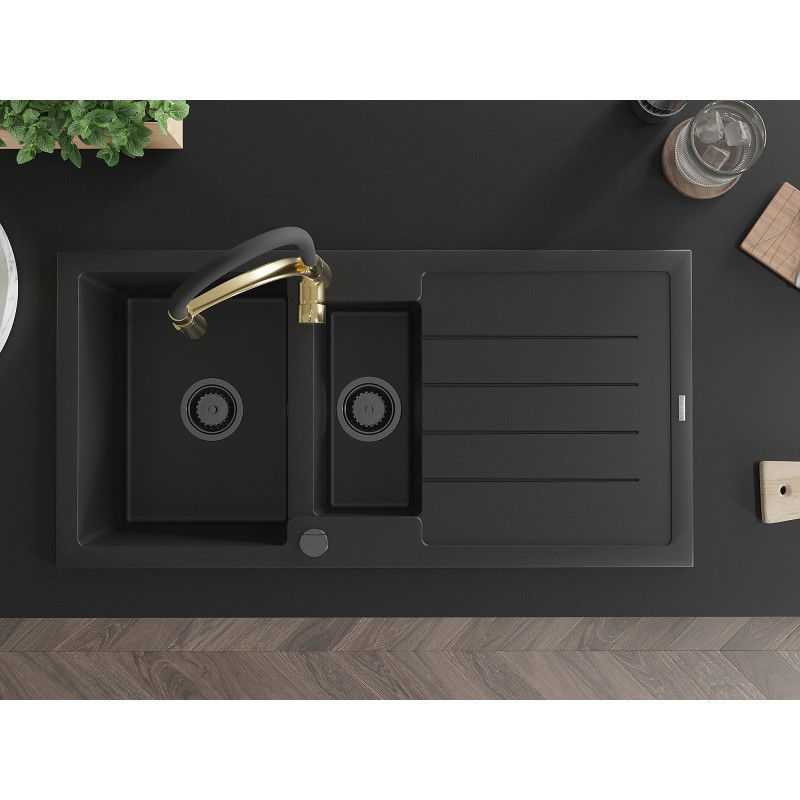 Mexen Andres 1,5-medencés gránit mosogató csepegtetővel és konyhai csapteleppel Aster, fekete - 6515-77-73450-57-B