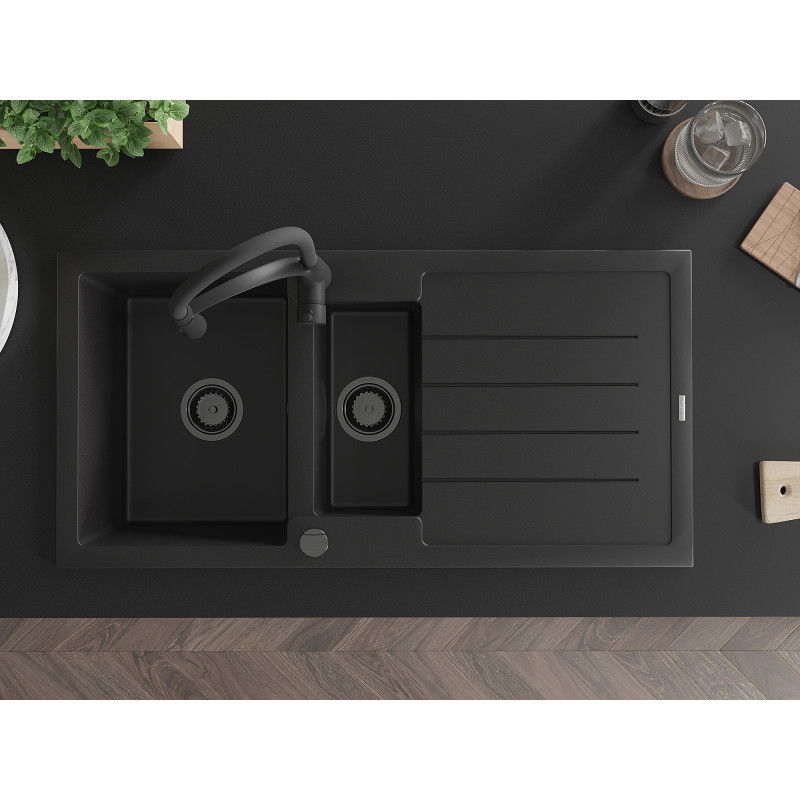 Mexen Andres chiuvetă de granit cu 1,5 compartimente, cu picurător și robinet de bucătărie Aster, negru