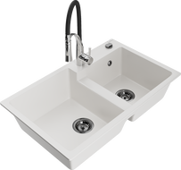 Mexen Tomas 2 rekeszes gránit mosogató Aster konyhai csapteleppel, fehér - 6516-20-73450-07-B