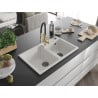 Mexen Tomas Chiuvetă de granit cu 2 compartimente și baterie de bucătărie Aster, Albă - 6516-20-73450-57-B