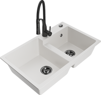 Mexen Tomas gránit mosogató 2-medencés konyhai csapteleppel Aster, fehér - 6516-20-73450-70-B