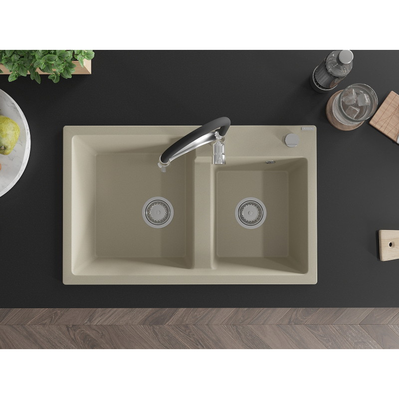 Mexen Tomas chiuvetă de bucătărie granit 2 cuve cu baterie bucătărie Aster, bej - 6516-69-73450-07
