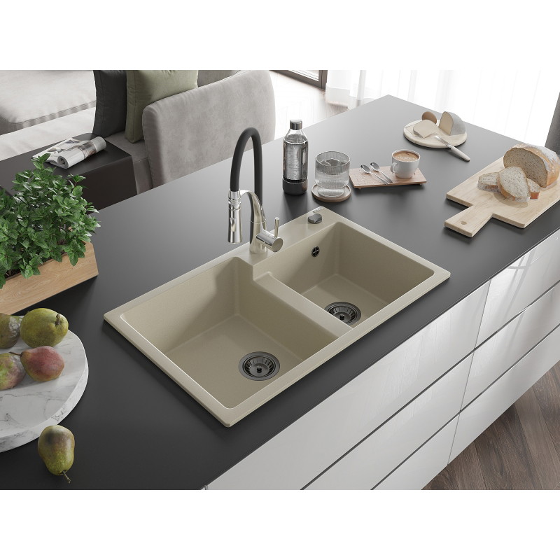 Mexen Tomas chiuvetă de bucătărie din granit cu 2 compartimente și baterie Aster, bej - 6516-69-73450-07-B