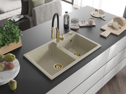 Mexen Tomas chiuvetă de bucătărie din granit cu 2 compartimente și baterie de bucătărie Aster, bej - 6516-69-73450-57-G