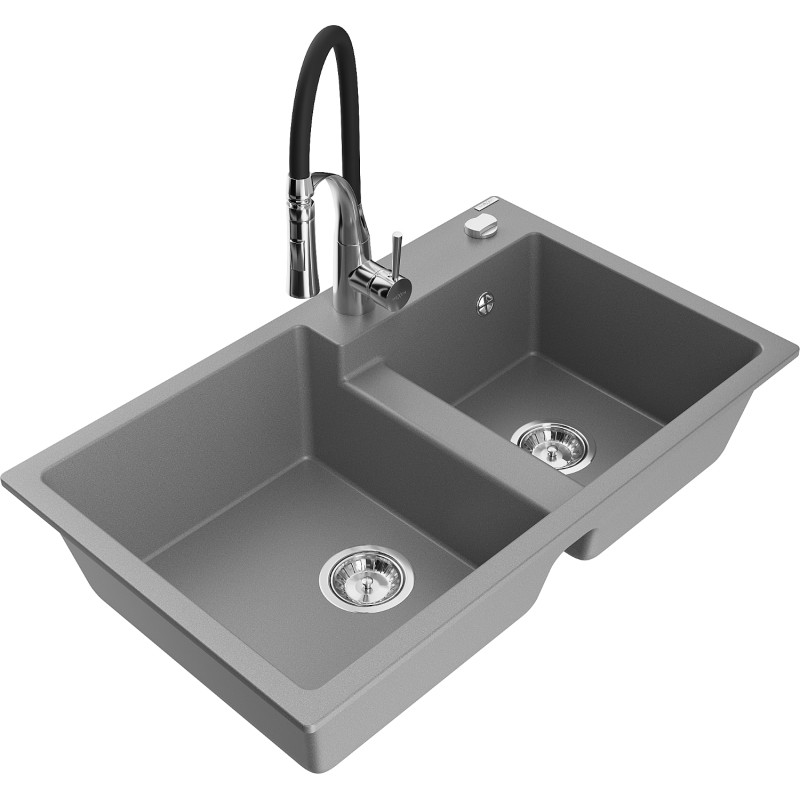 Mexen Tomas chiuvetă de bucătărie din granit cu 2 compartimente și baterie de bucătărie Aster, gri - 6516-71-73450-07
