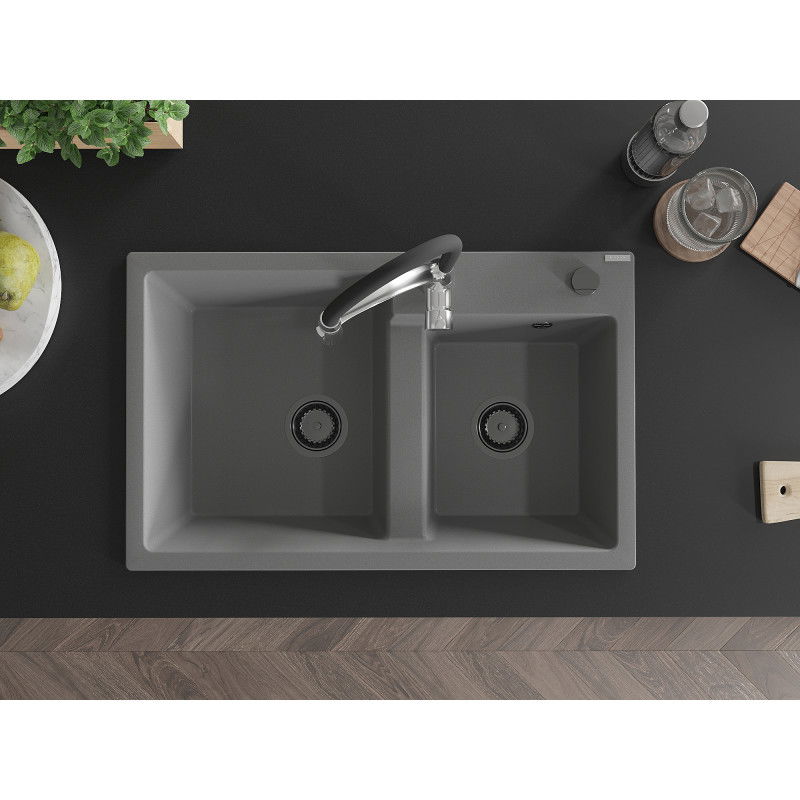 Mexen Tomas chiuvetă de granit cu 2 compartimente și baterie de bucătărie Aster, gri - 6516-71-73450-07-B