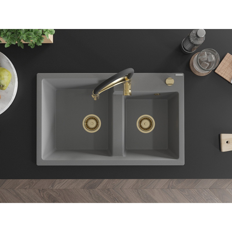 Mexen Tomas kétmedencés gránit mosogató konyhai csapteleppel Aster, szürke - 6516-71-73450-57-G