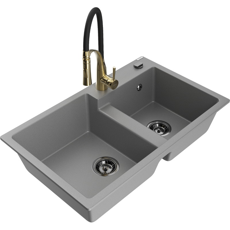 Mexen Tomas chiuvetă granit 2-camere cu baterie bucătărie Aster, gri - 6516-71-73450-57-B