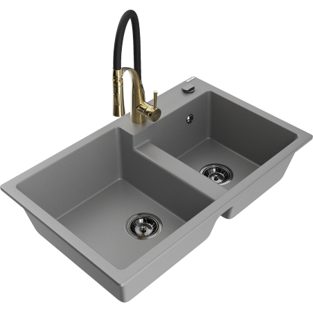 Mexen Tomas chiuvetă granit 2-camere cu baterie bucătărie Aster, gri - 6516-71-73450-57-B
