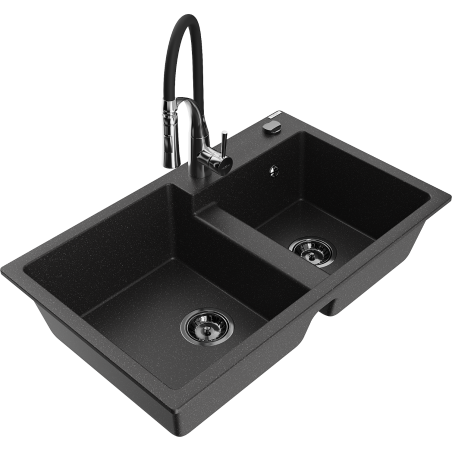 Mexen Tomas 2 rekeszes gránit mosogató Aster konyhai csapteleppel, fekete/ezüst metál - 6516-73-73450-07-B