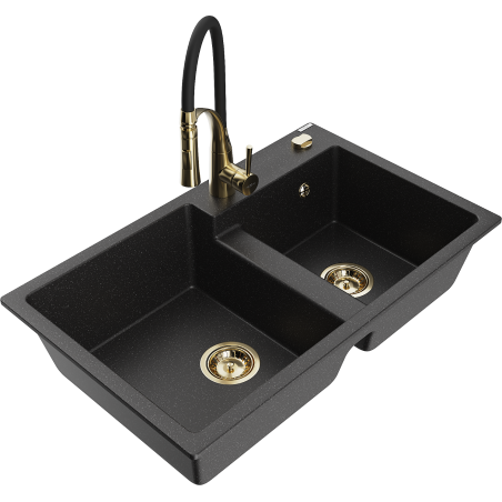 Mexen Tomas 2 rekeszes gránit mosogató Aster konyhai csapteleppel, fekete/ezüst metál - 6516-73-73450-57-G