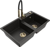 Mexen Tomas chiuvetă de granit cu 2 compartimente și baterie de bucătărie Aster, negru/auriu metalic - 6516-75-73450-57-G
