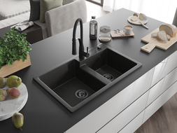 Mexen Tomas 2 rekeszes gránit mosogató Aster konyhai csapteleppel, fekete/arany metál - 6516-75-73450-70-B