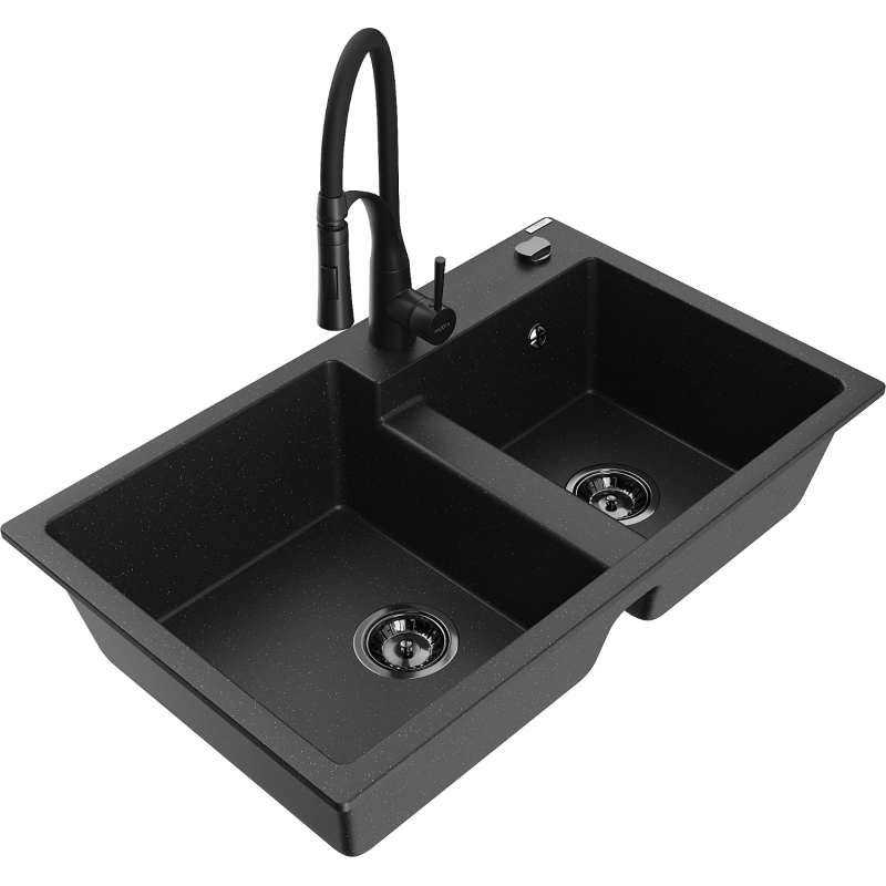 Mexen Tomas chiuvetă de bucătărie din granit cu 2 compartimente și baterie Aster, negru/auriu metalizat - 6516-75-73450-70-B