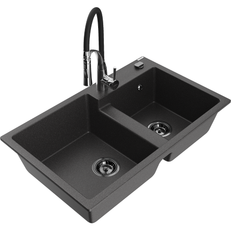 Mexen Tomas chiuvetă din granit cu 2 compartimente cu baterie de bucătărie Aster, negru cu pete - 6516-76-73450-07-B