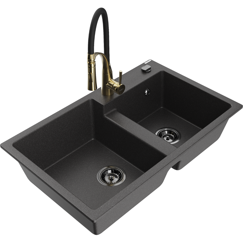 Mexen Tomas 2 rekeszes gránit mosogató Aster konyhai csapteleppel, fekete pettyes - 6516-76-73450-57-B