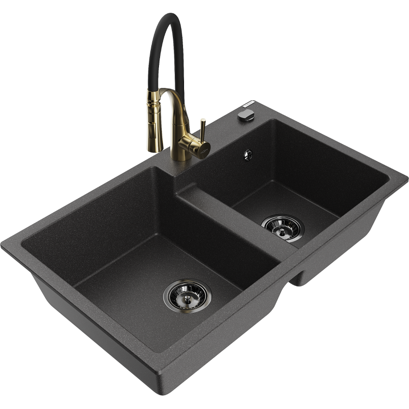 Mexen Tomas chiuvetă granit cu 2 compartimente cu baterie de bucătărie Aster, negru pătat - 6516-76-73450-57-B