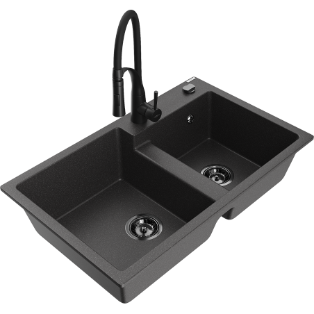 Mexen Tomas chiuvetă de bucătărie din granit cu 2 cuve cu baterie de bucătărie Aster, negru stropit - 6516-76-73450-70-B