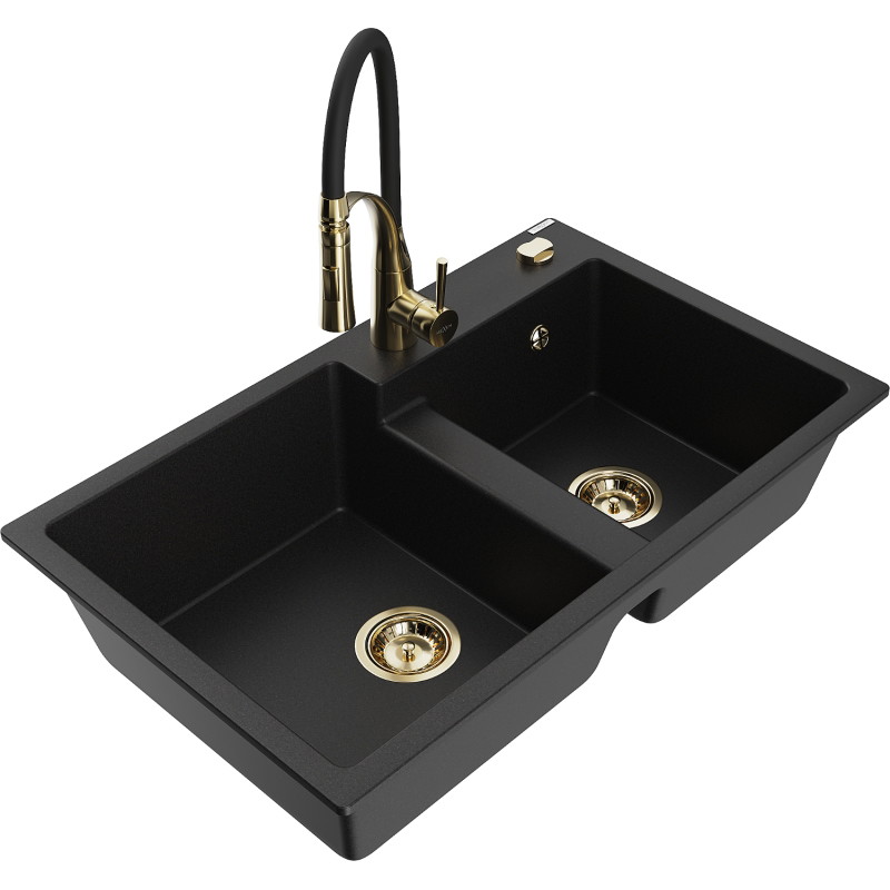 Mexen Tomas chiuvetă de granit cu 2 compartimente cu baterie de bucătărie Aster, negru - 6516-77-73450-57-G