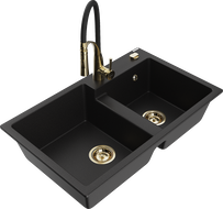 Mexen Tomas chiuvetă de bucătărie din granit cu 2 compartimente și robinet de bucătărie Aster, negru - 6516-77-73450-57-G