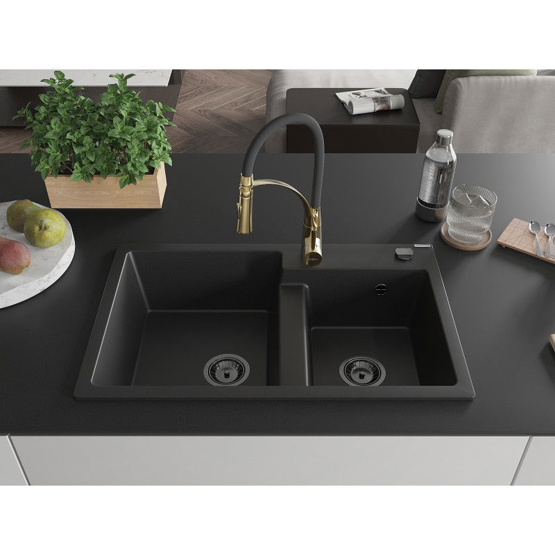 Mexen Tomas chiuvetă de bucătărie din granit 2 compartimente cu baterie Aster, negru - 6516-77-73450-57-B