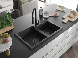 Mexen Tomas chiuvetă granit dublă cu baterie bucătărie Aster, negru - 6516-77-73450-70-B