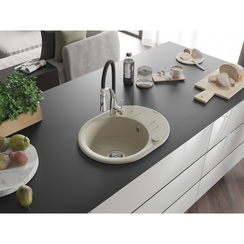 Mexen Kevin chiuvetă granit 1-cameră cu picurător și baterie de bucătărie Aster, bej - 6517-69-73450-07