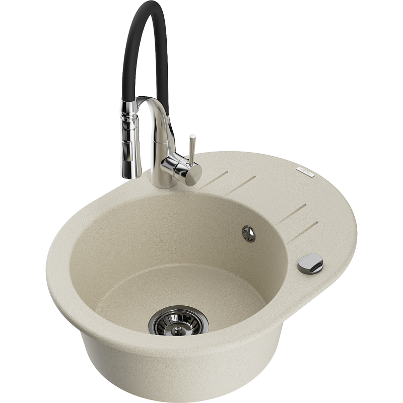 Mexen Kevin chiuvetă din granit cu 1 compartiment cu scurgător și baterie de bucătărie Aster, bej - 6517-69-73450-07-B