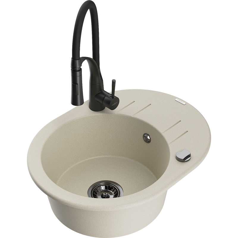 Mexen Kevin chiuvetă de granit cu 1 compartiment cu scurgător și baterie de bucătărie Aster, bej - 6517-69-73450-70-B